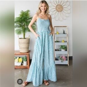 OLI & HALI Jumpsuit Large Boho Floral Wide Leg W/Tiered Ruffle Hem‎ Smocked Bust